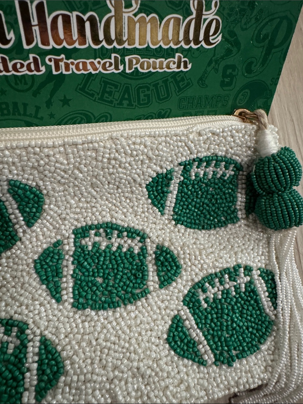 Indie Handmade Beaded White & Green Football Card Holder - Picture 9 of 9
